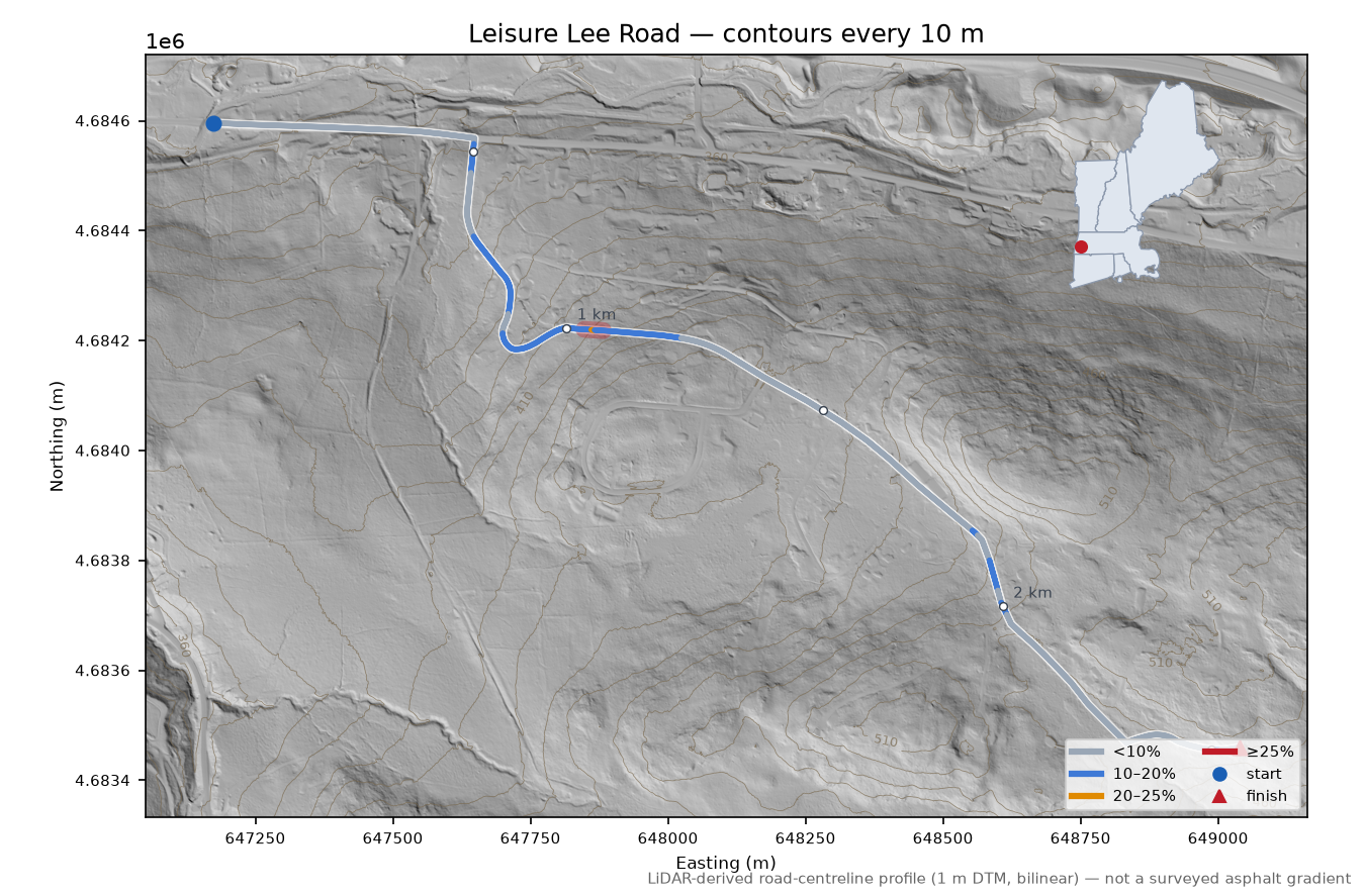 Leisure Lee Road LiDAR hillshade map with contours