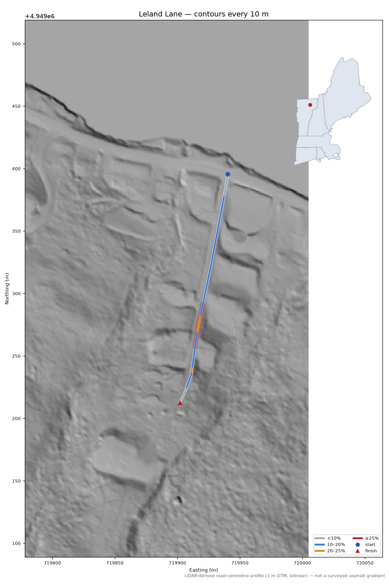 Leland Lane LiDAR hillshade map with contours