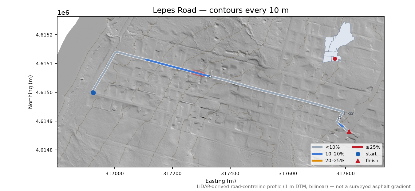 Lepes Road LiDAR hillshade map with contours