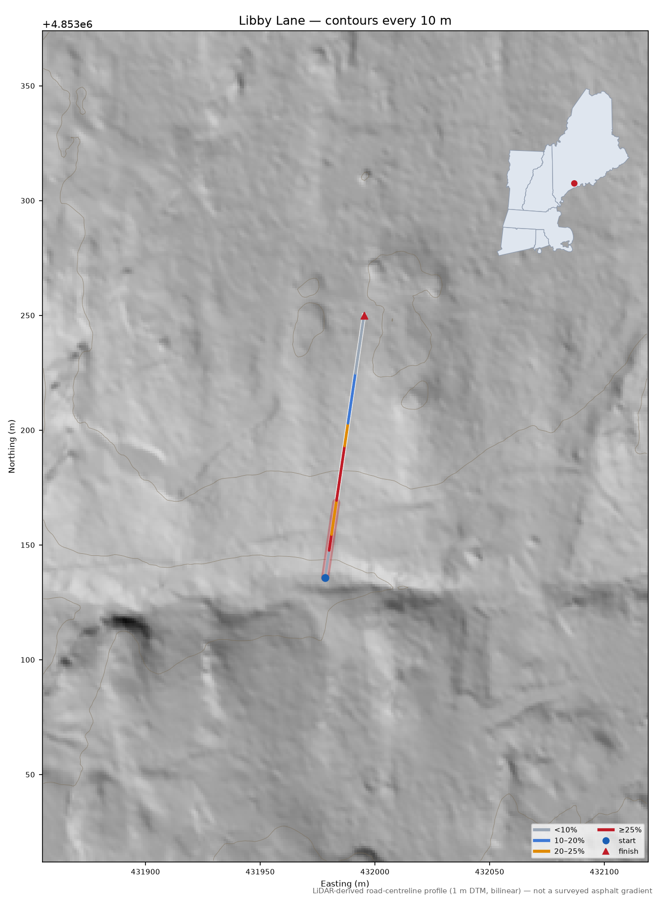 Libby Lane LiDAR hillshade map with contours
