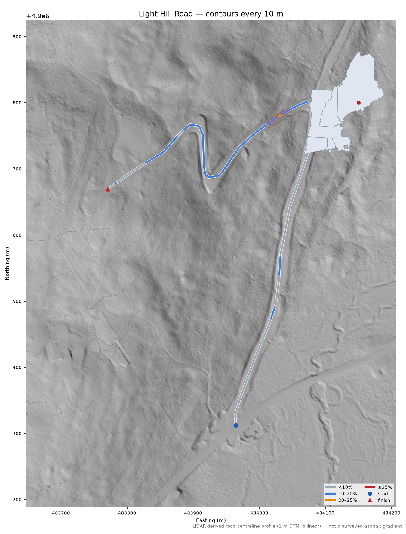 Light Hill Road LiDAR hillshade map with contours