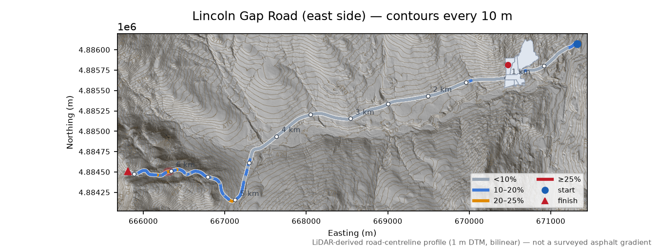 Lincoln Gap Road (east side) LiDAR hillshade map with contours