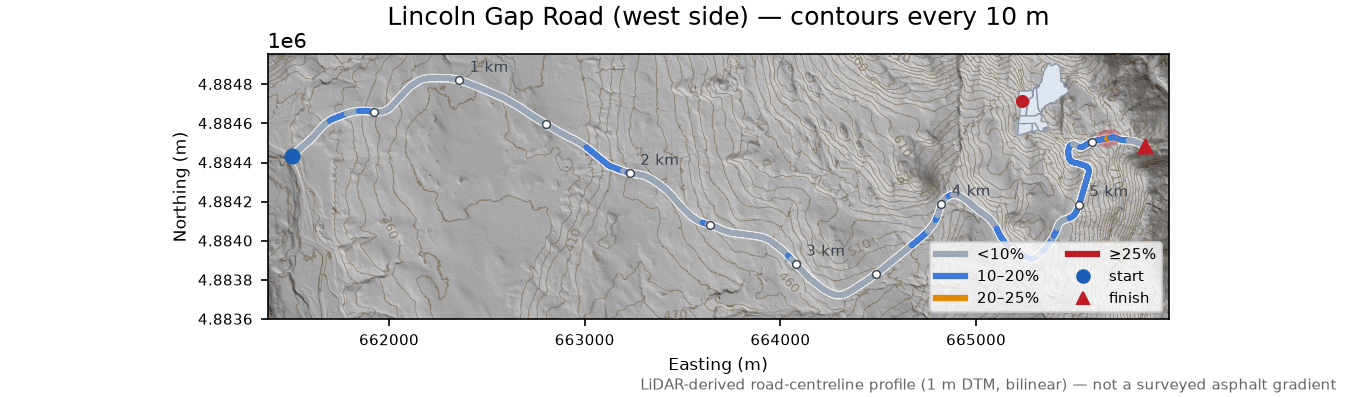 Lincoln Gap Road (west side) LiDAR hillshade map with contours