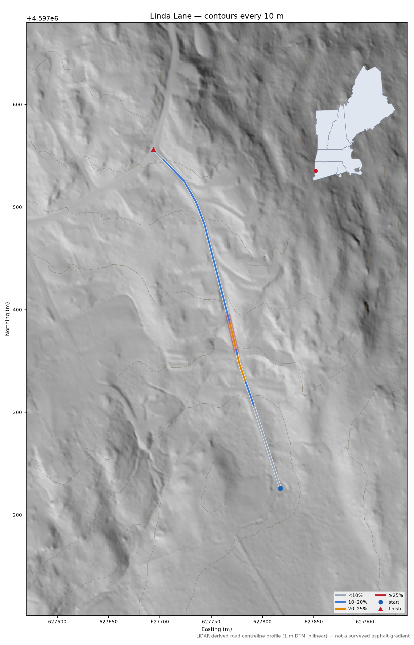 Linda Lane LiDAR hillshade map with contours