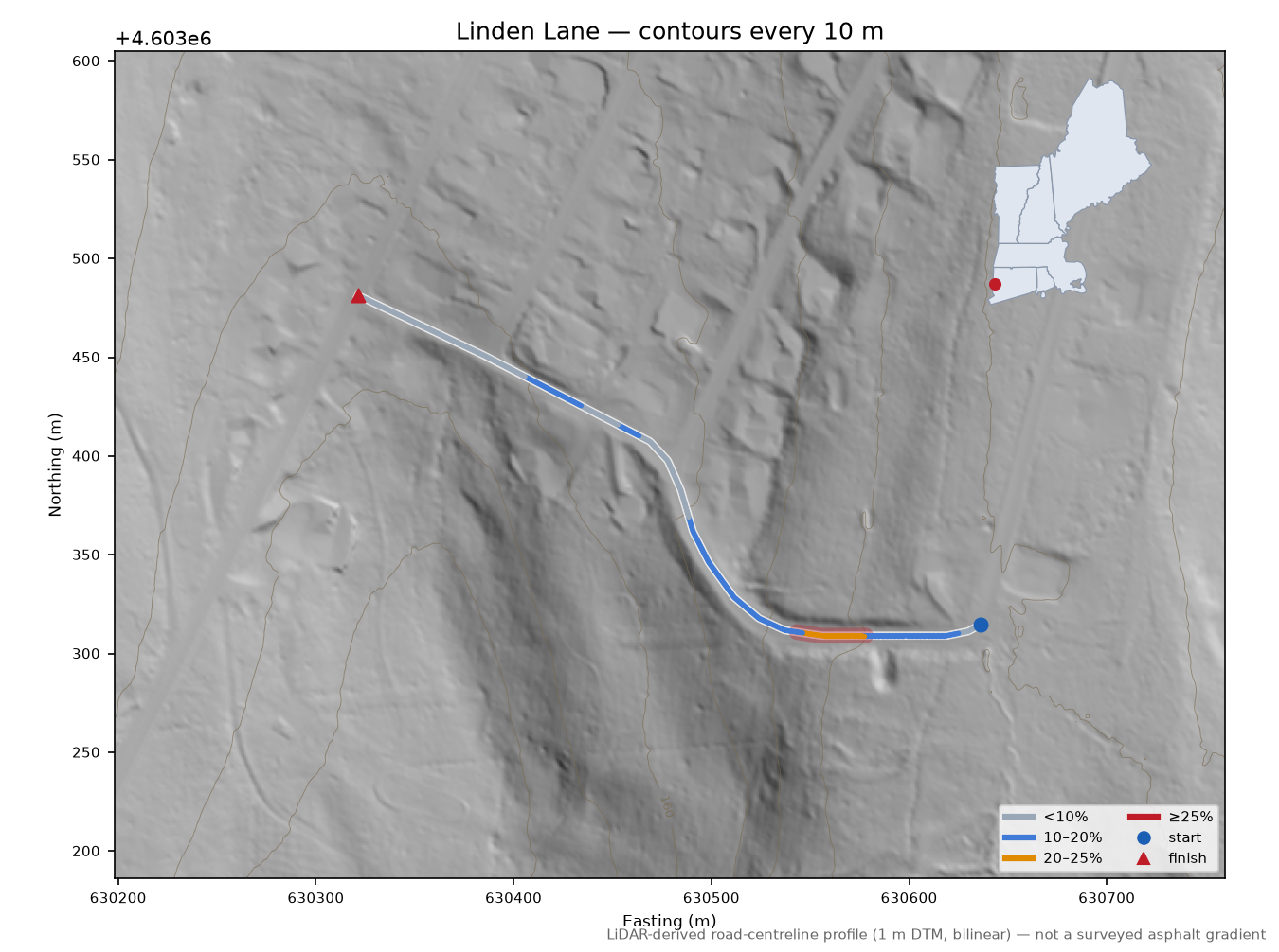 Linden Lane LiDAR hillshade map with contours
