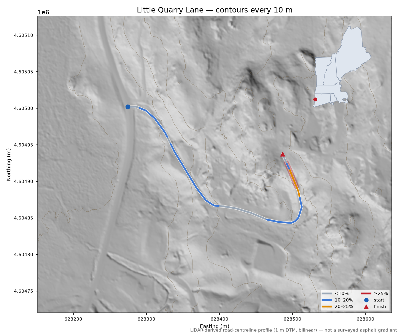 Little Quarry Lane LiDAR hillshade map with contours