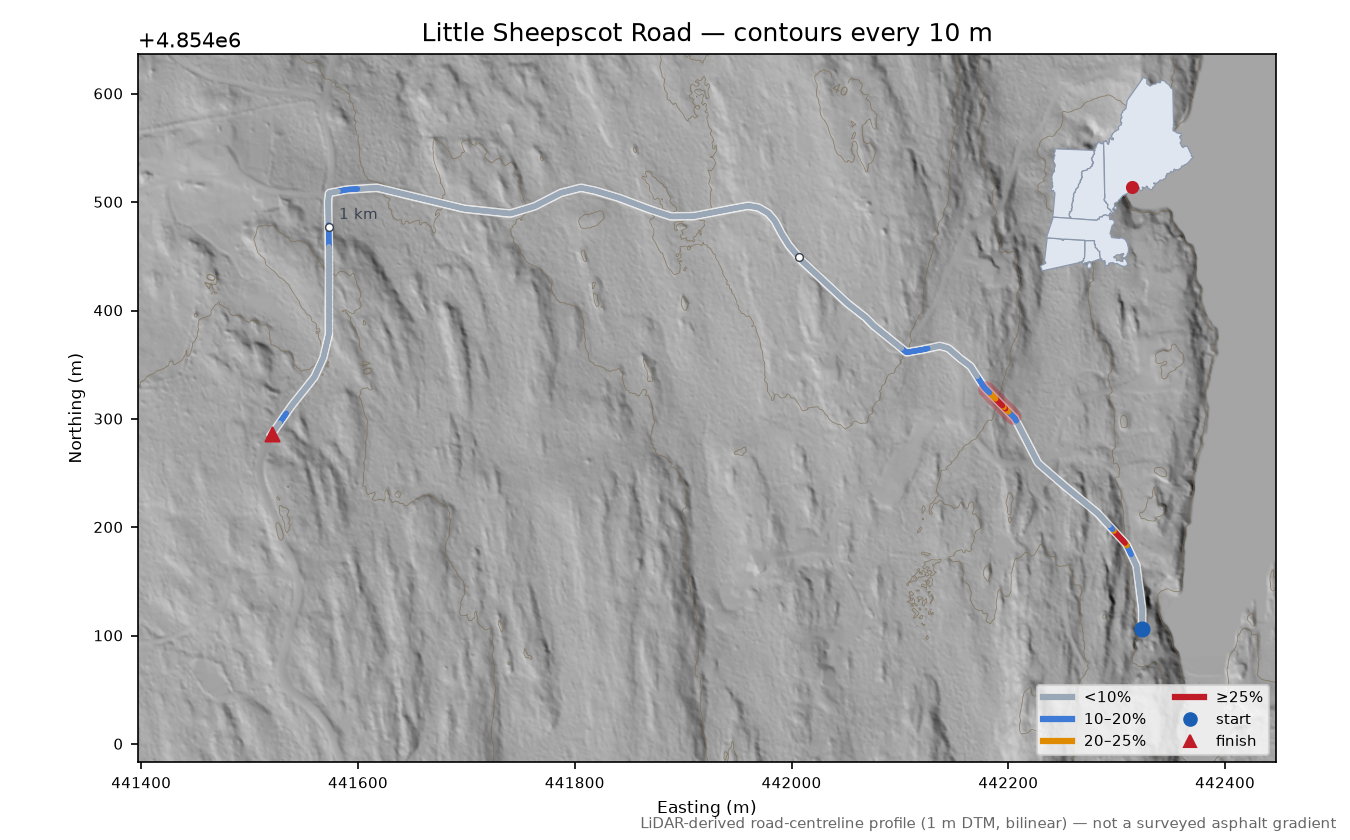 Little Sheepscot Road LiDAR hillshade map with contours