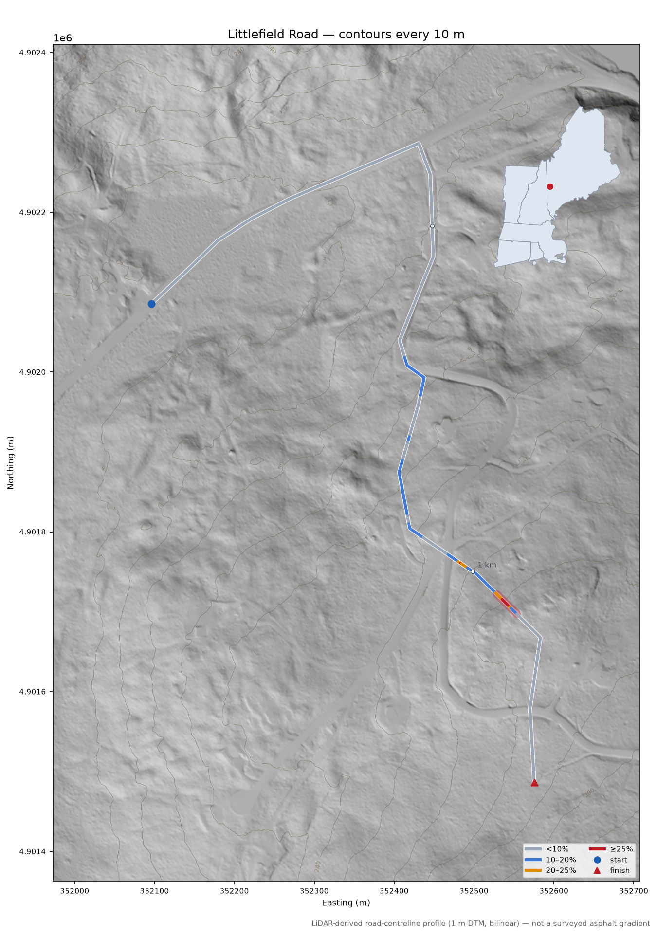Littlefield Road LiDAR hillshade map with contours