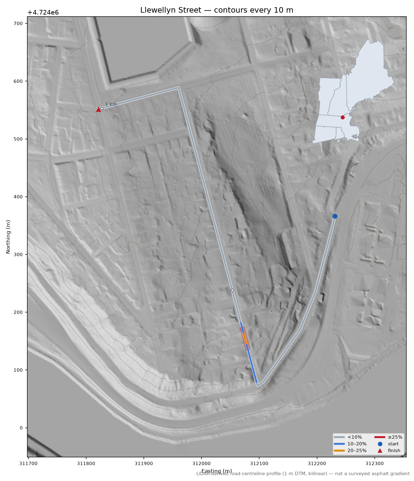 Llewellyn Street LiDAR hillshade map with contours