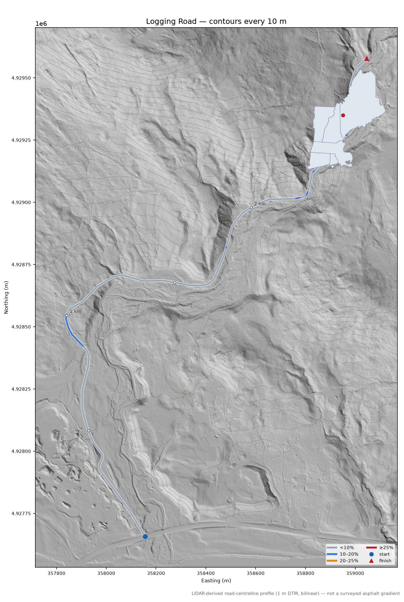 Logging Road LiDAR hillshade map with contours