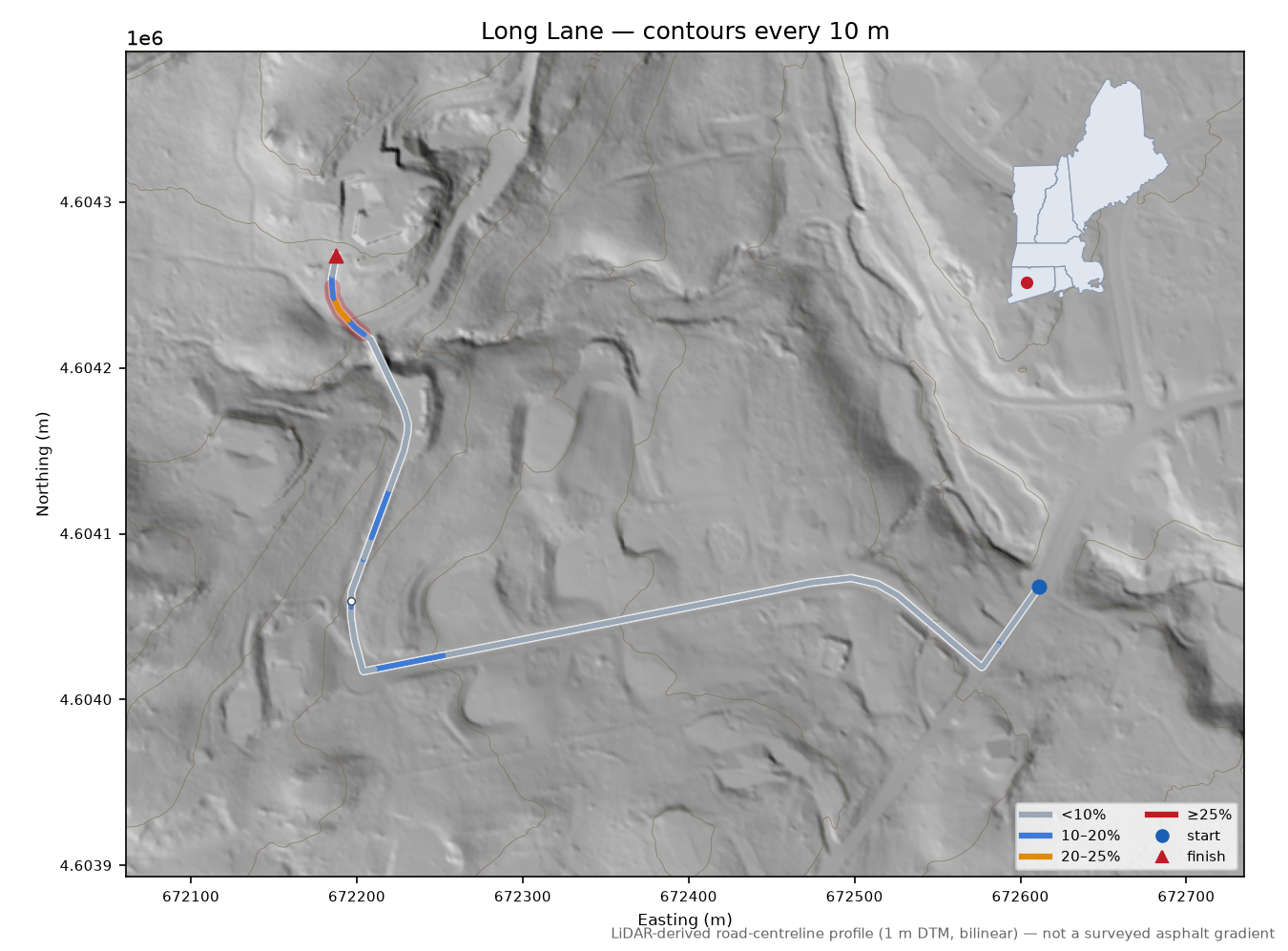 Long Lane LiDAR hillshade map with contours