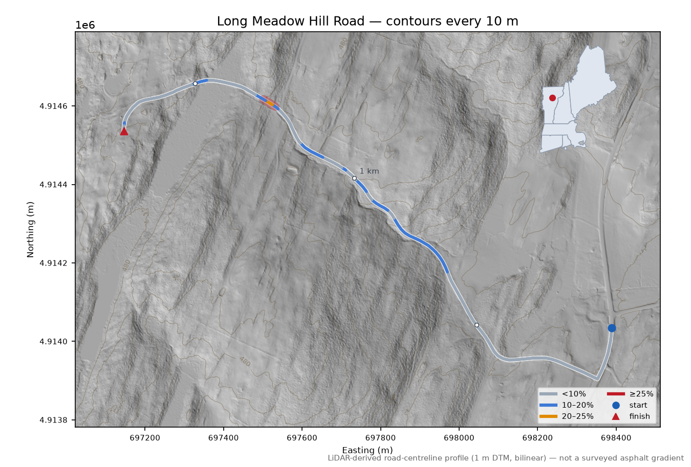 Long Meadow Hill Road LiDAR hillshade map with contours