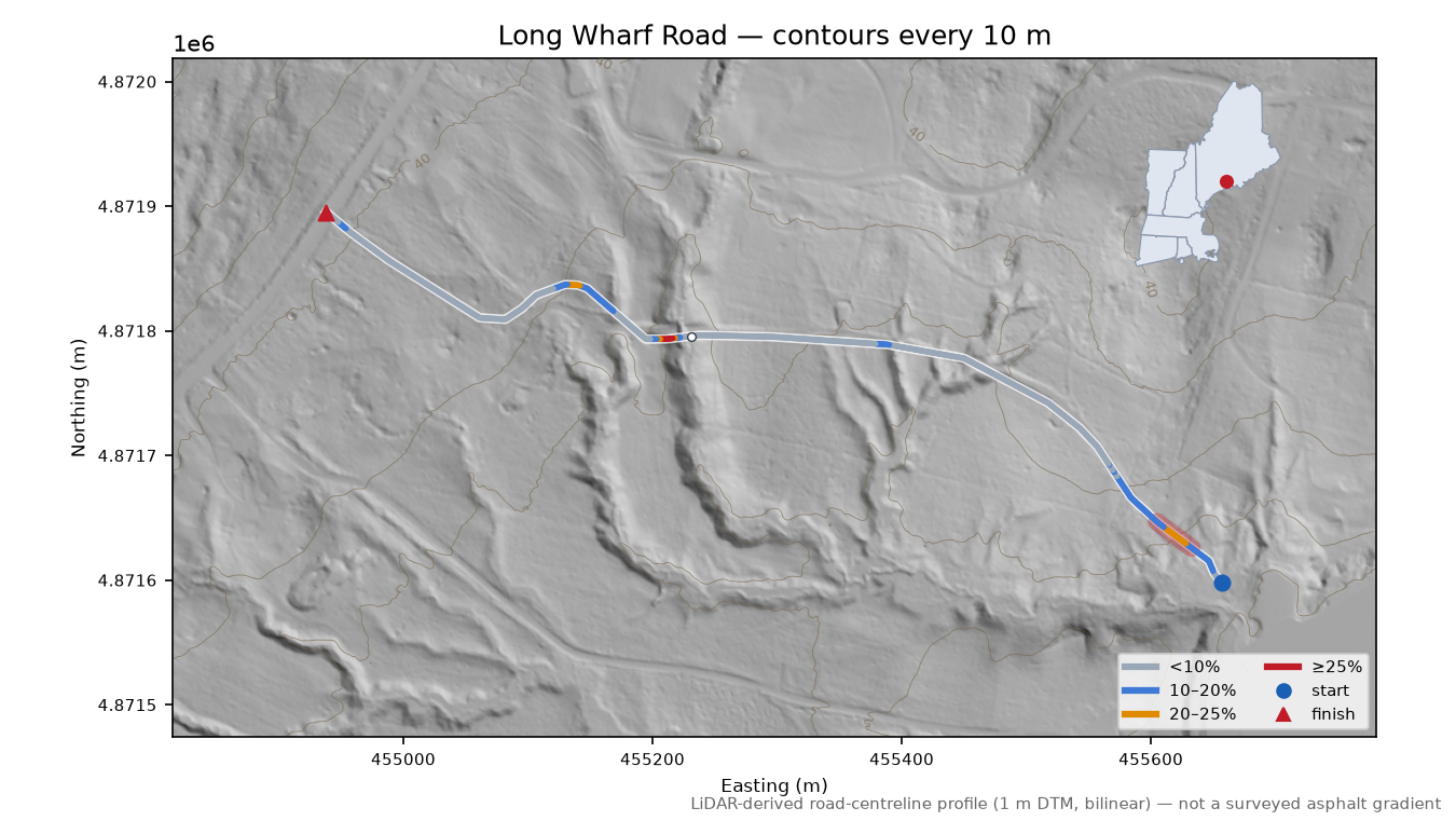 Long Wharf Road LiDAR hillshade map with contours