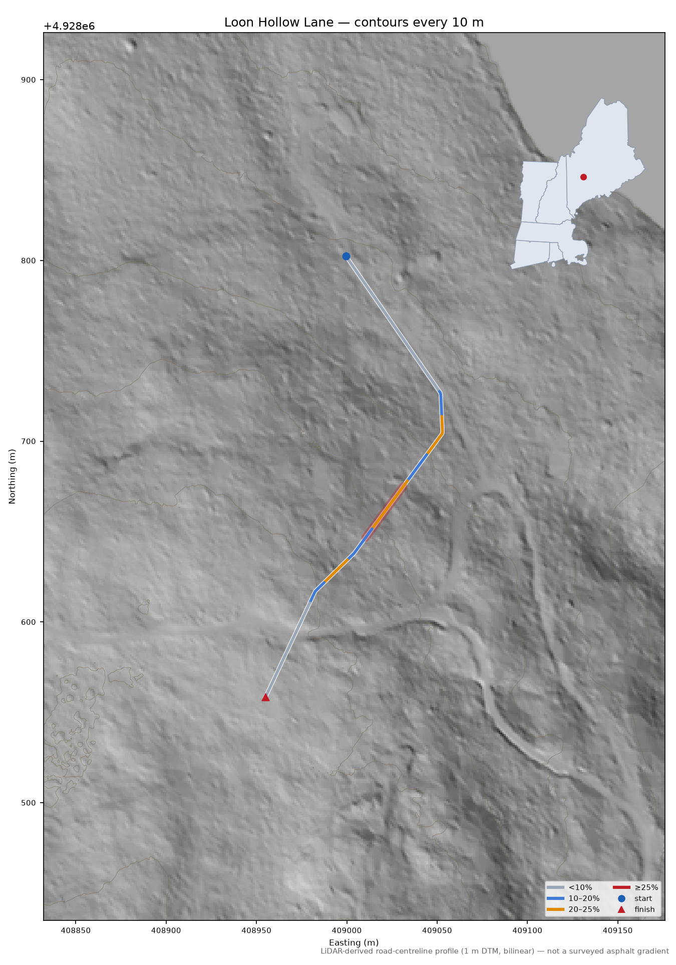 Loon Hollow Lane LiDAR hillshade map with contours