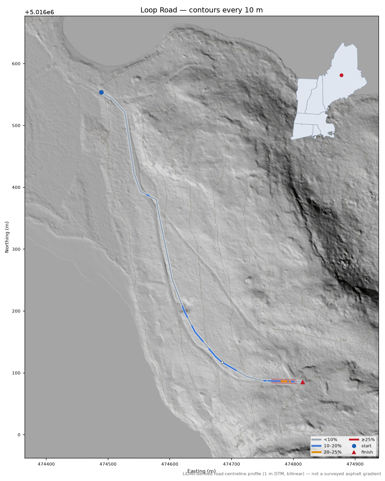 Loop Road LiDAR hillshade map with contours
