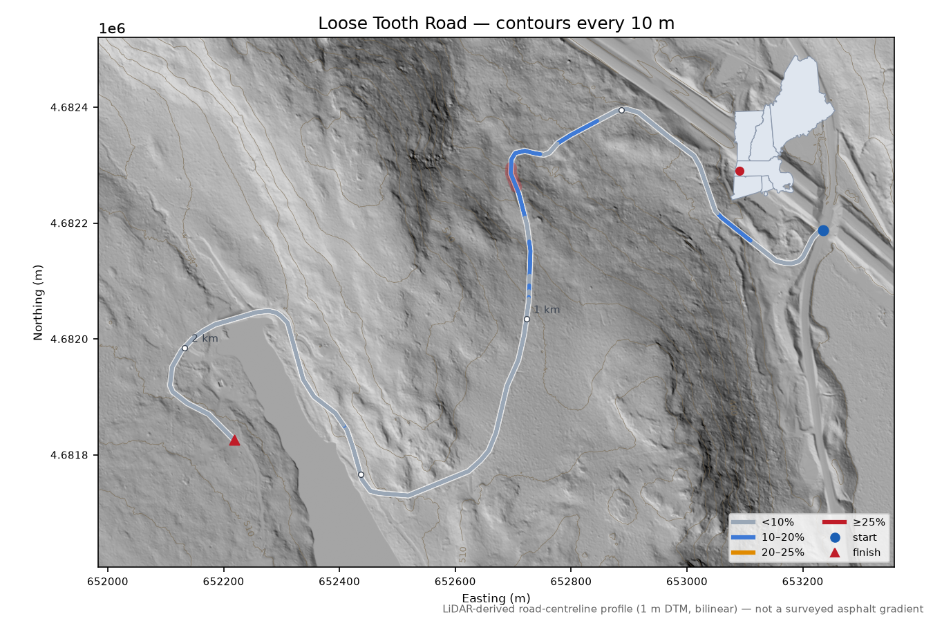 Loose Tooth Road LiDAR hillshade map with contours