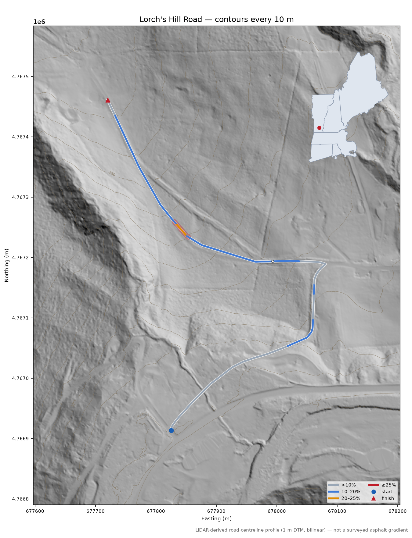 Lorch's Hill Road LiDAR hillshade map with contours