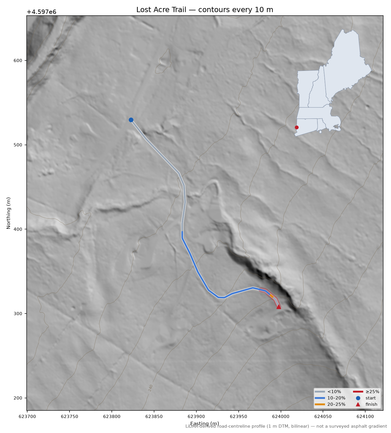 Lost Acre Trail LiDAR hillshade map with contours