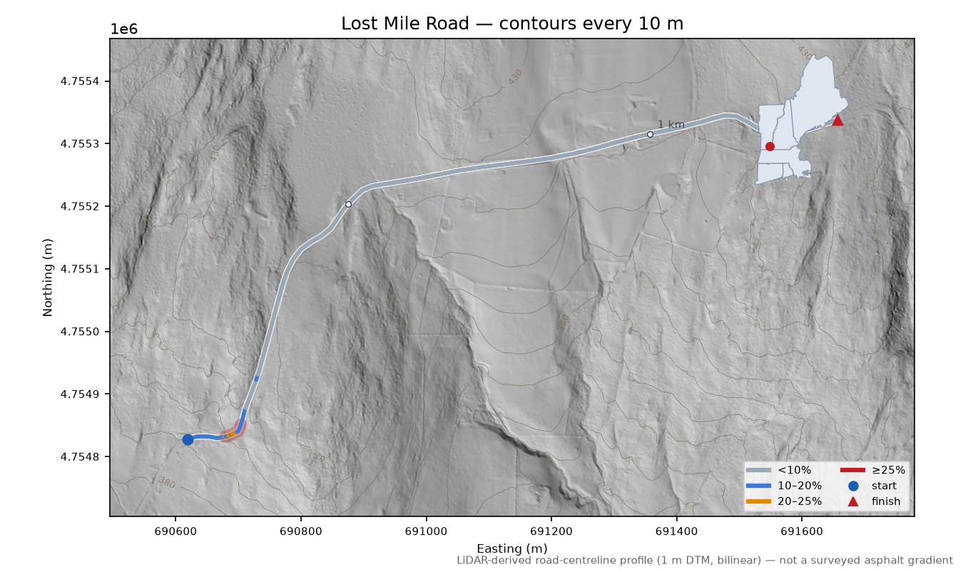 Lost Mile Road LiDAR hillshade map with contours