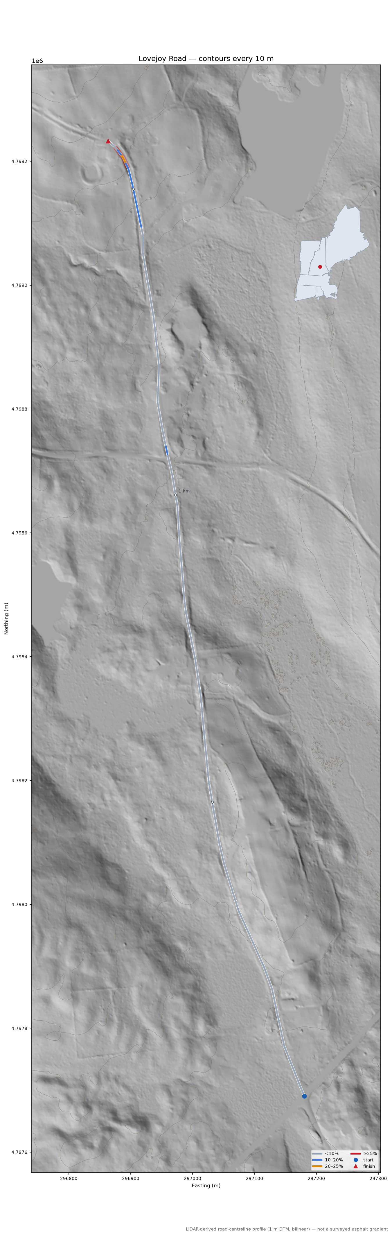 Lovejoy Road LiDAR hillshade map with contours