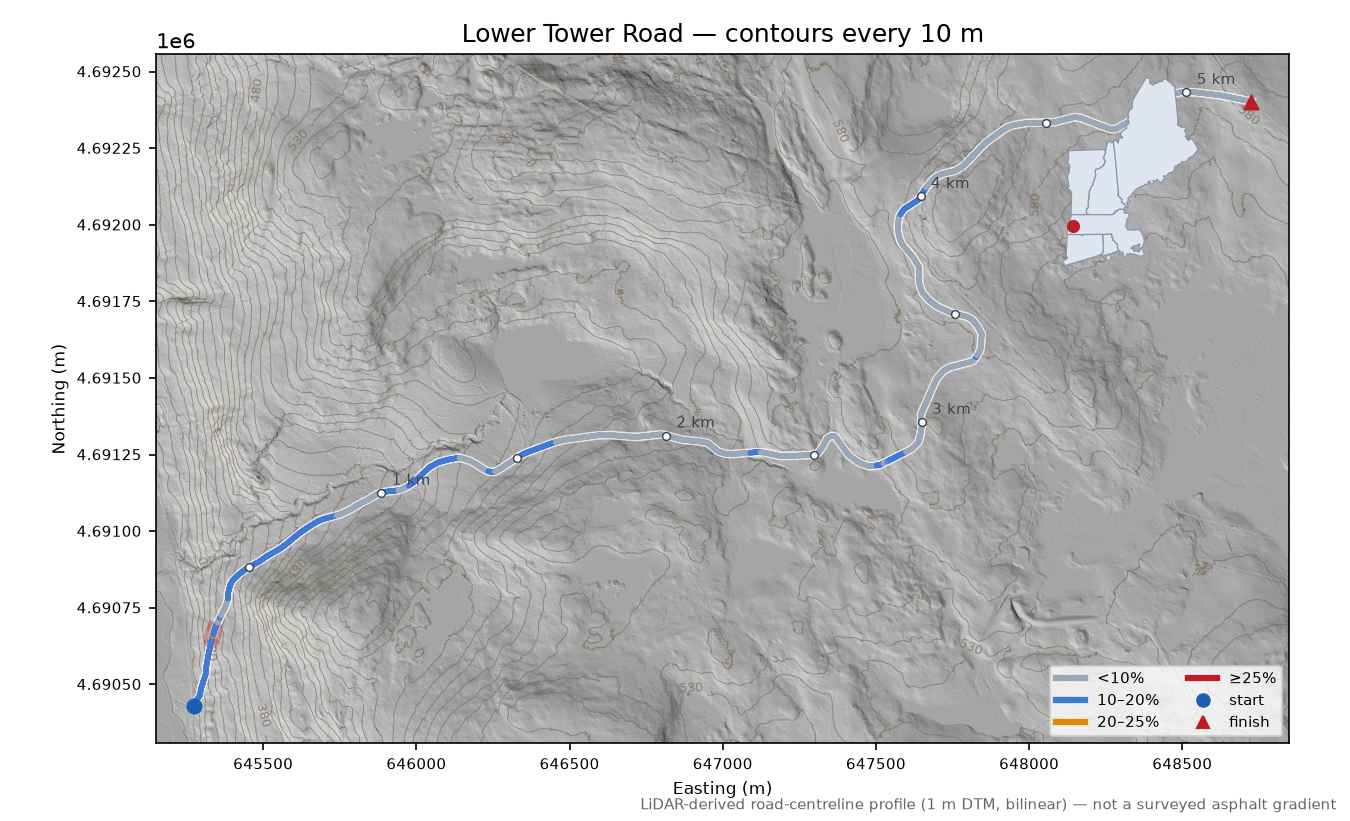 Lower Tower Road LiDAR hillshade map with contours