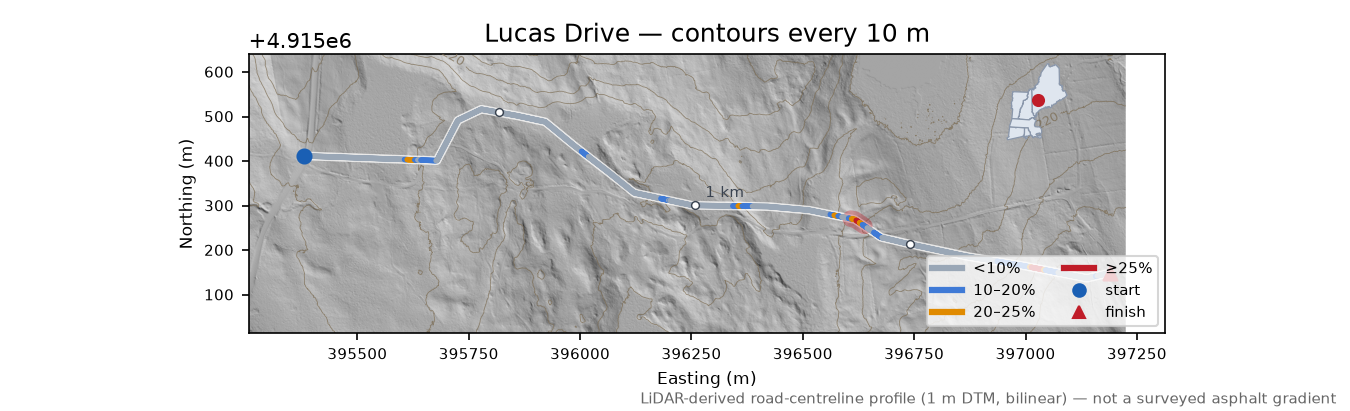 Lucas Drive LiDAR hillshade map with contours