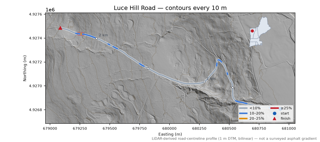 Luce Hill Road LiDAR hillshade map with contours