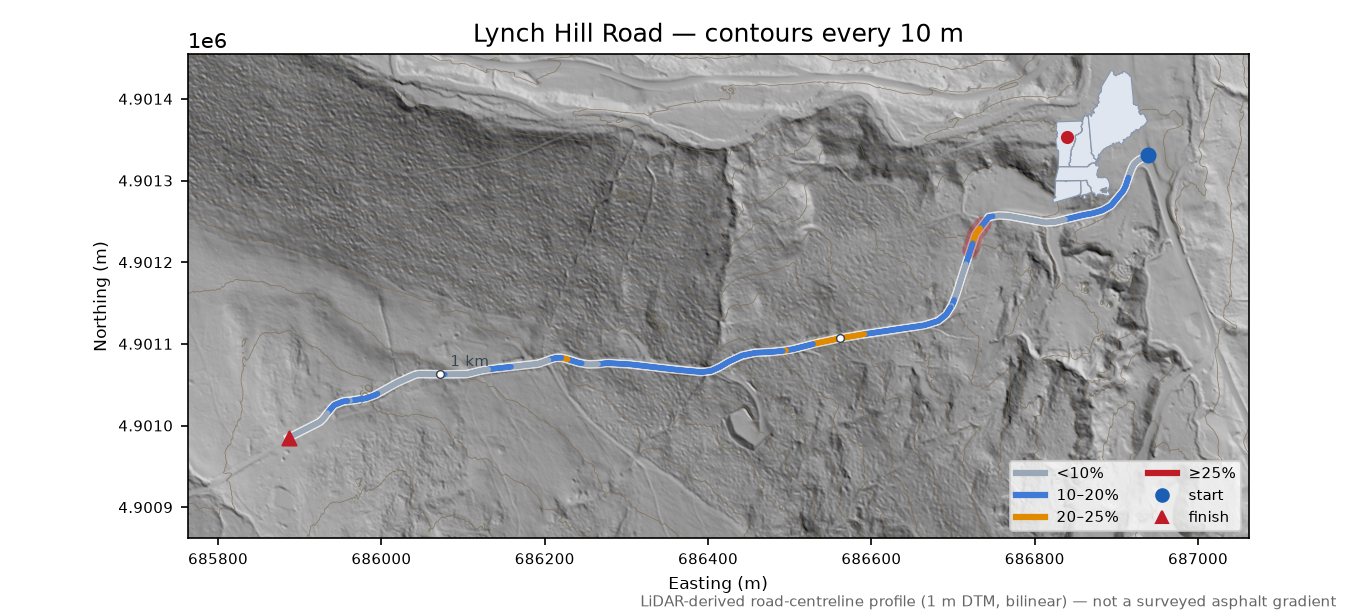 Lynch Hill Road LiDAR hillshade map with contours