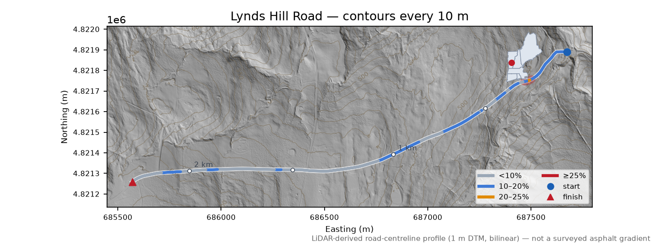 Lynds Hill Road LiDAR hillshade map with contours