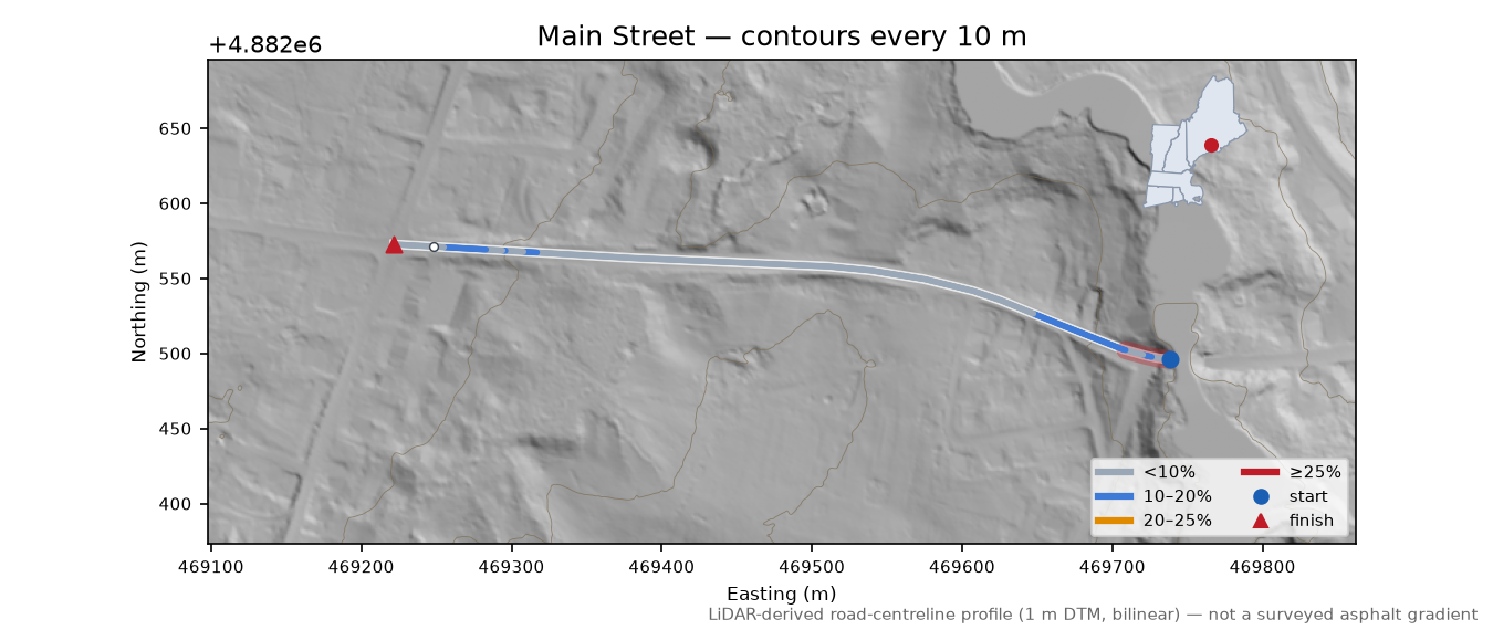 Main Street LiDAR hillshade map with contours