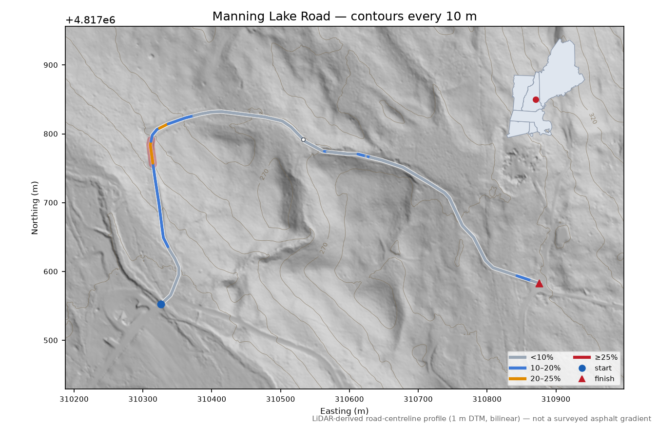 Manning Lake Road LiDAR hillshade map with contours