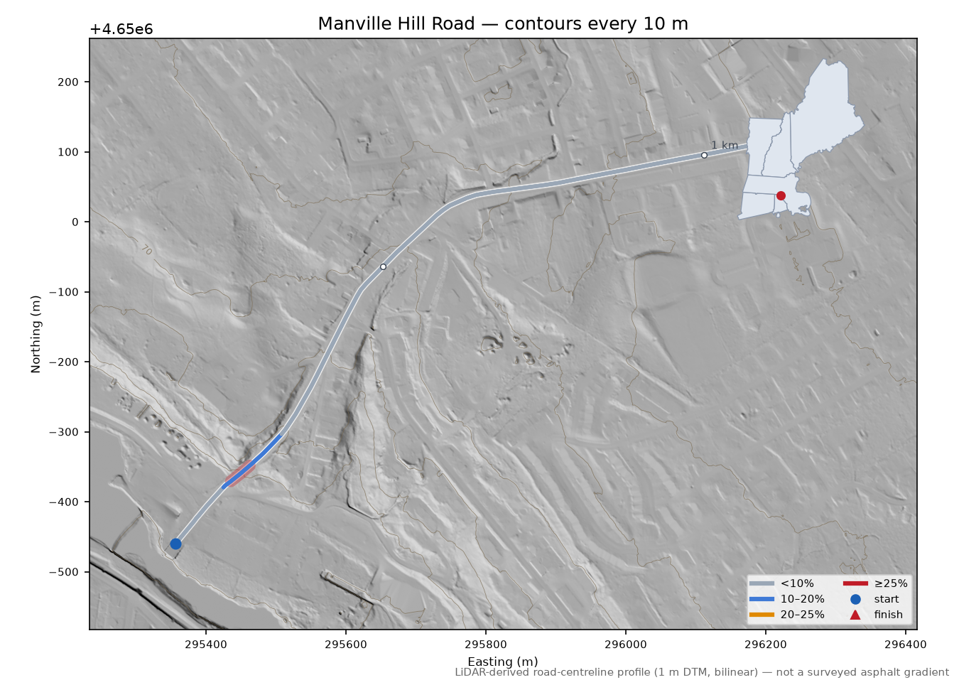Manville Hill Road LiDAR hillshade map with contours