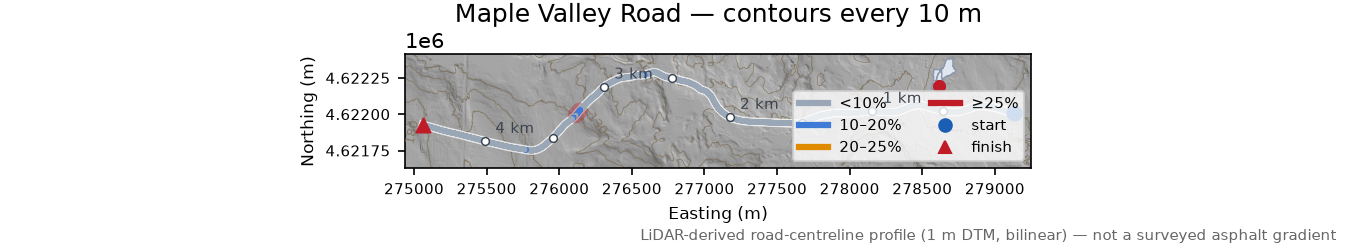 Maple Valley Road LiDAR hillshade map with contours