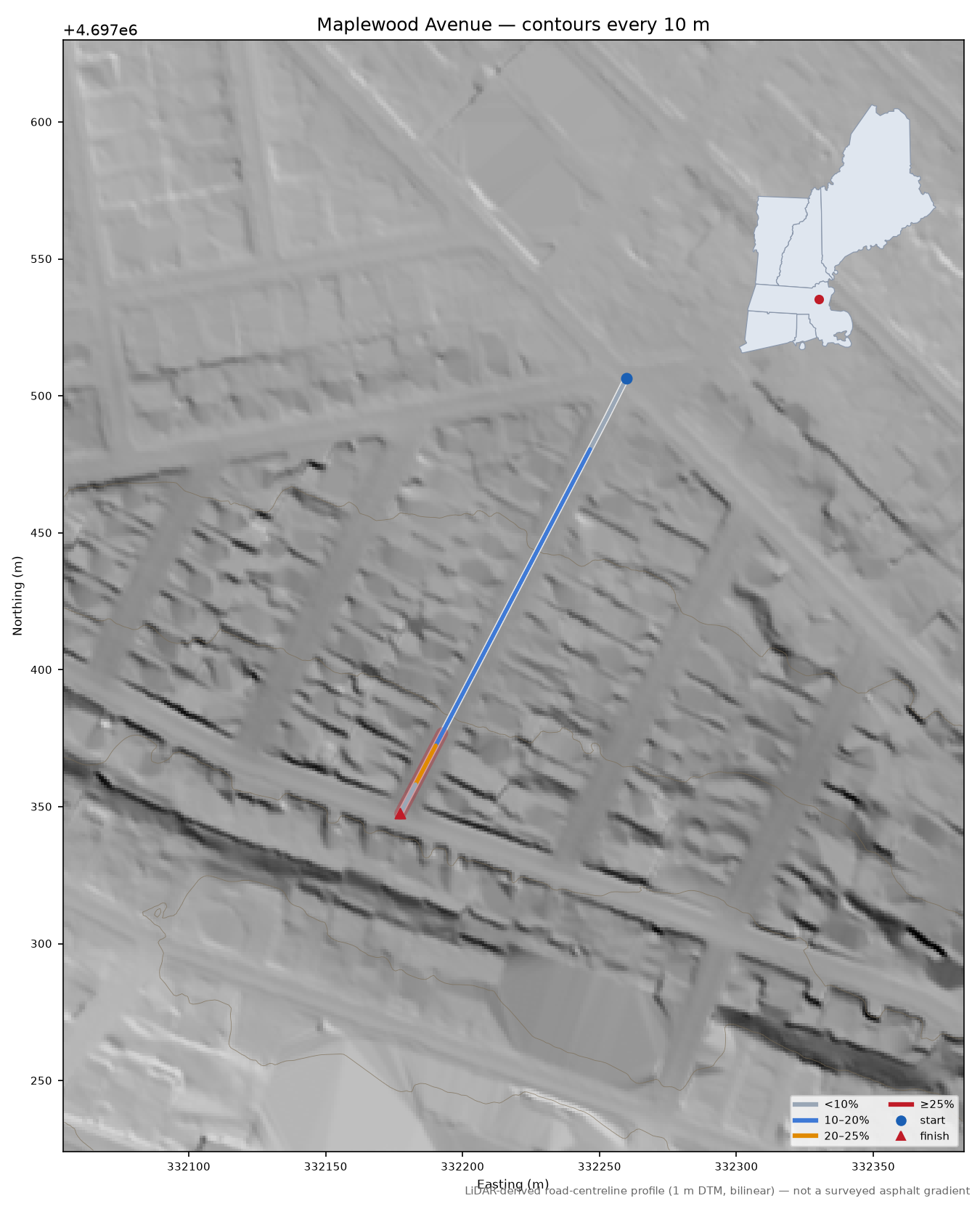 Maplewood Avenue LiDAR hillshade map with contours