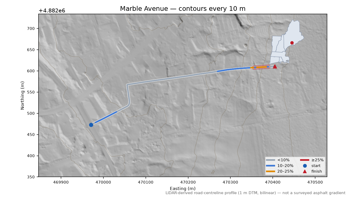 Marble Avenue LiDAR hillshade map with contours