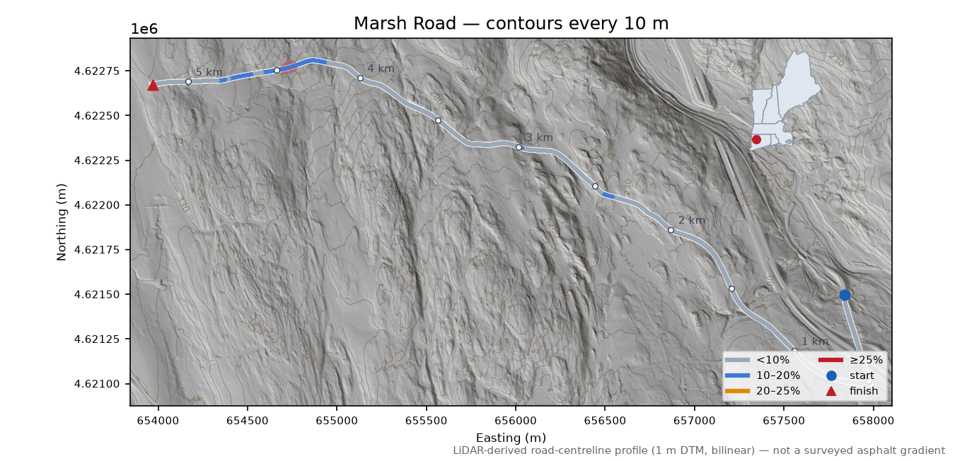 Marsh Road LiDAR hillshade map with contours