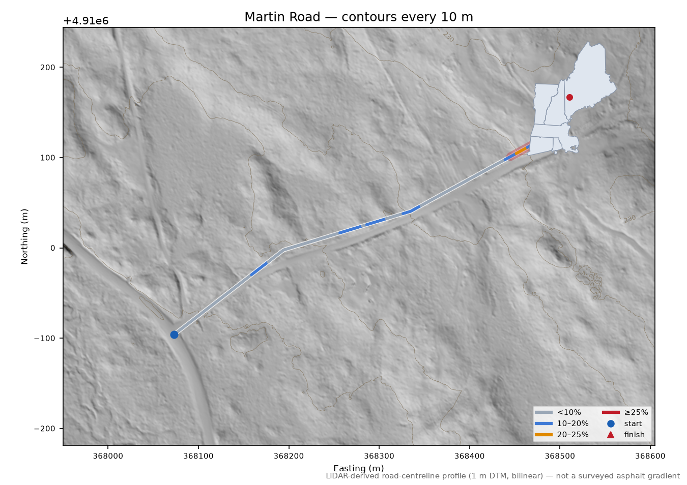 Martin Road LiDAR hillshade map with contours