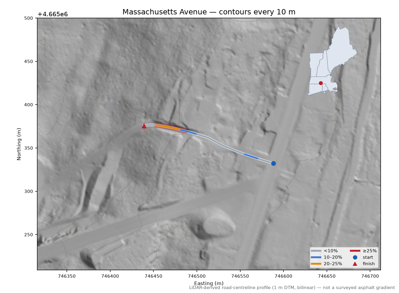 Massachusetts Avenue LiDAR hillshade map with contours