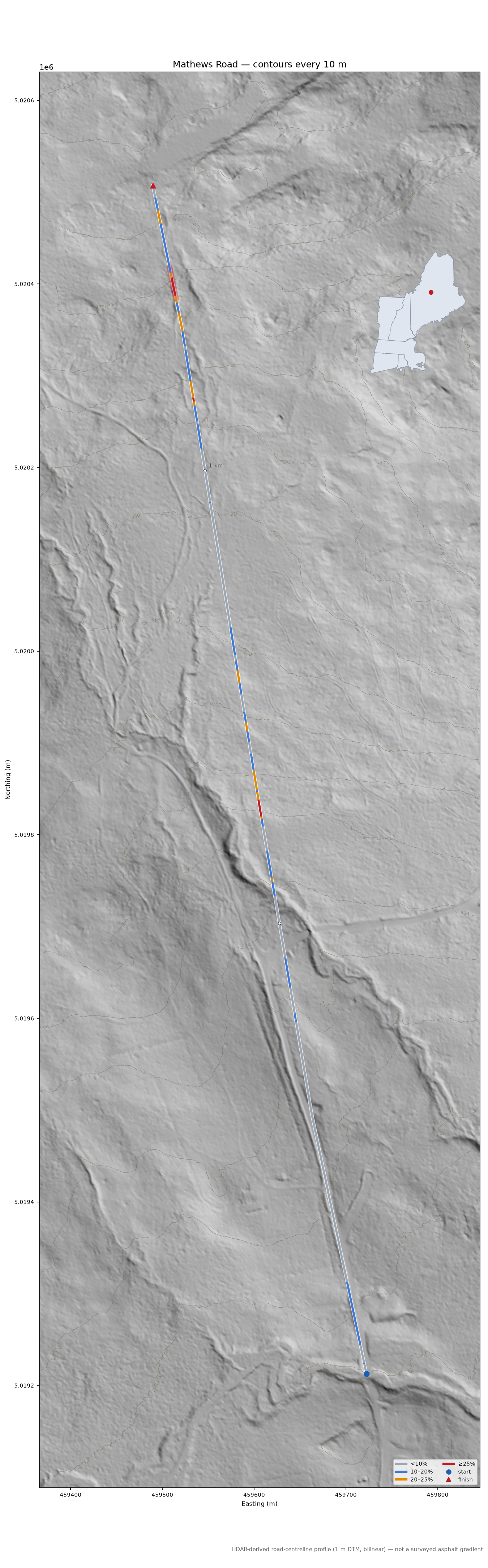 Mathews Road LiDAR hillshade map with contours