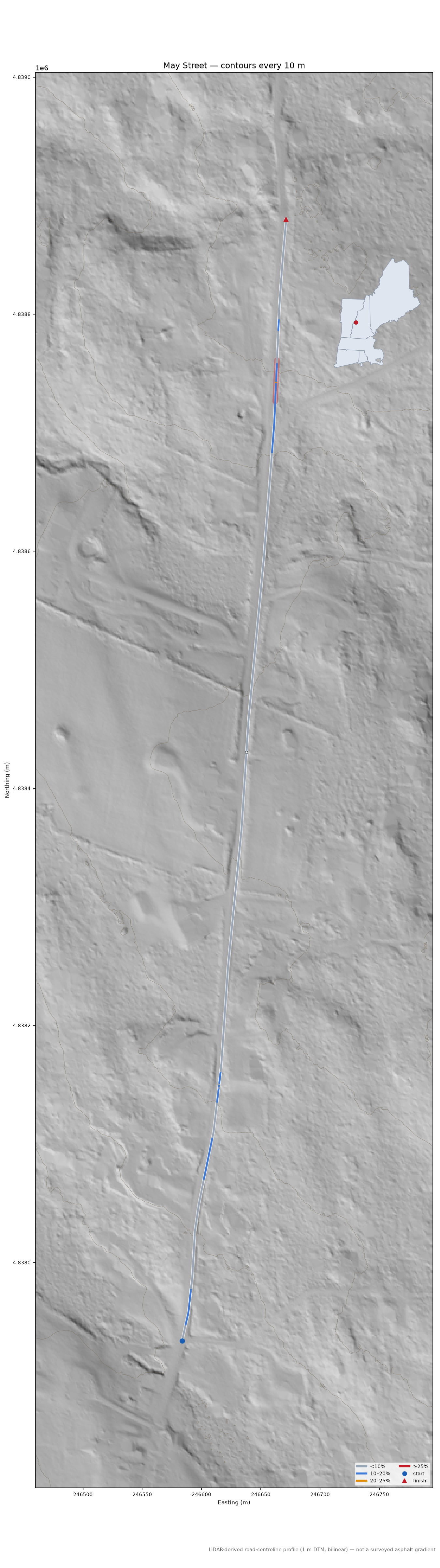May Street LiDAR hillshade map with contours