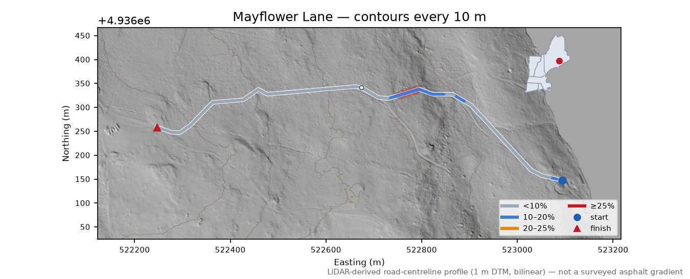 Mayflower Lane LiDAR hillshade map with contours