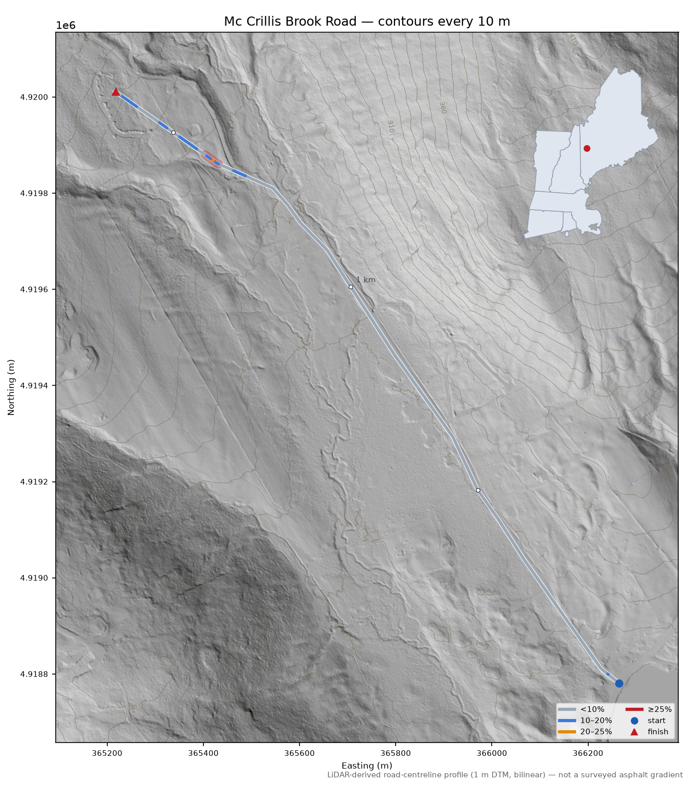 Mc Crillis Brook Road LiDAR hillshade map with contours