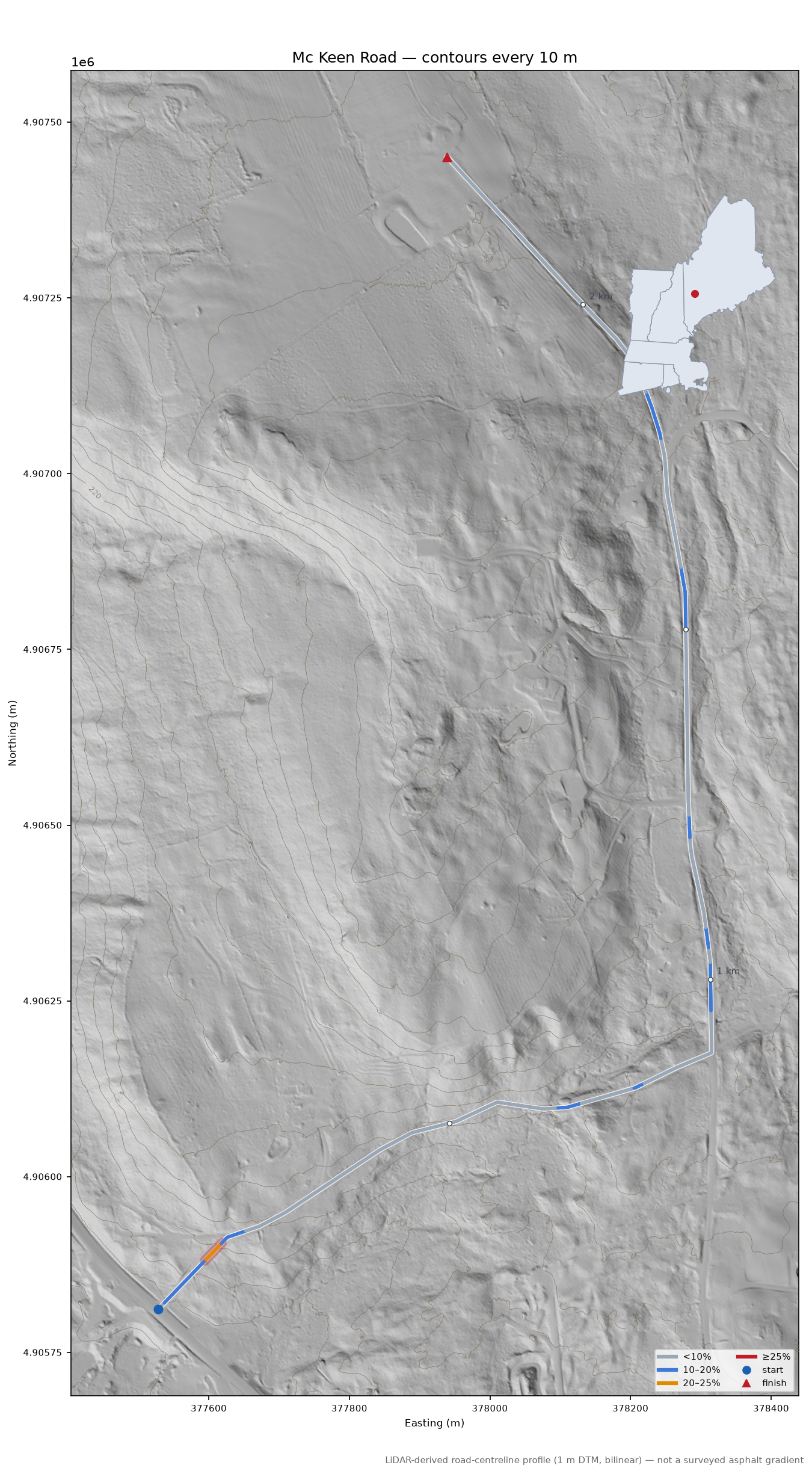 Mc Keen Road LiDAR hillshade map with contours