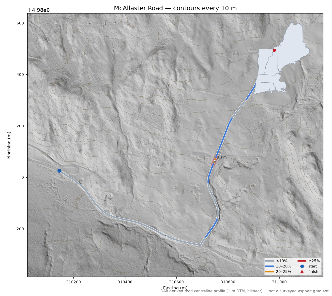 McAllaster Road LiDAR hillshade map with contours
