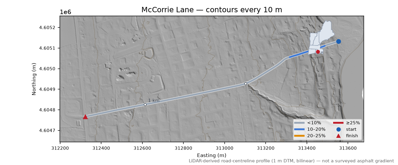 McCorrie Lane LiDAR hillshade map with contours