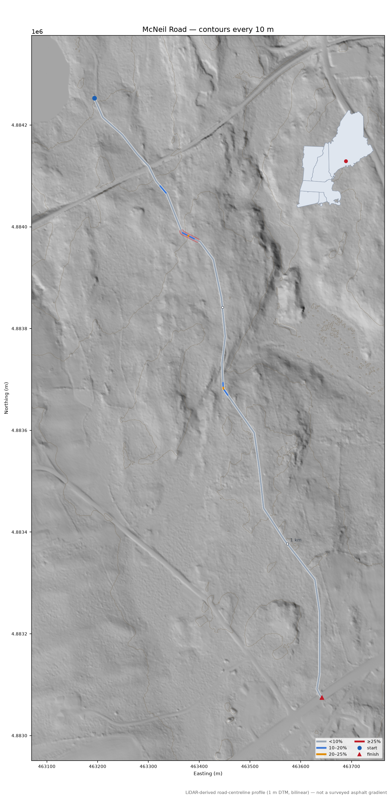 McNeil Road LiDAR hillshade map with contours