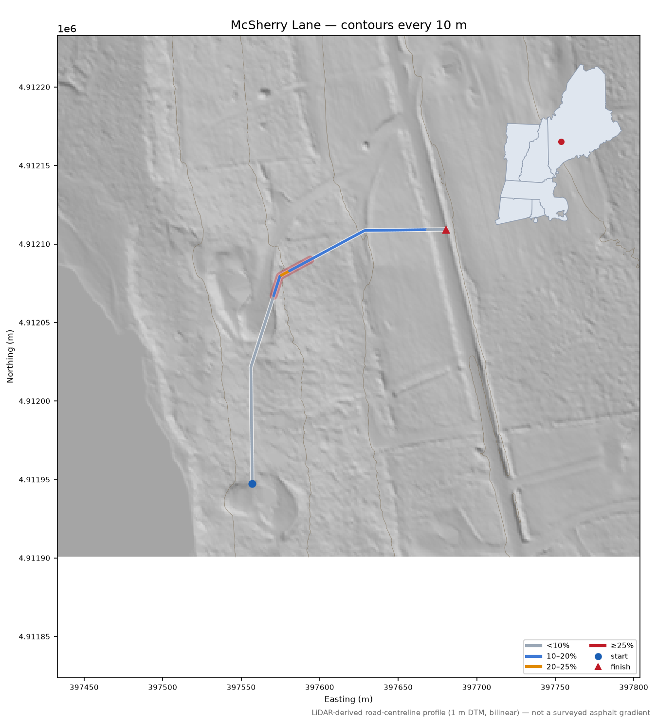 McSherry Lane LiDAR hillshade map with contours