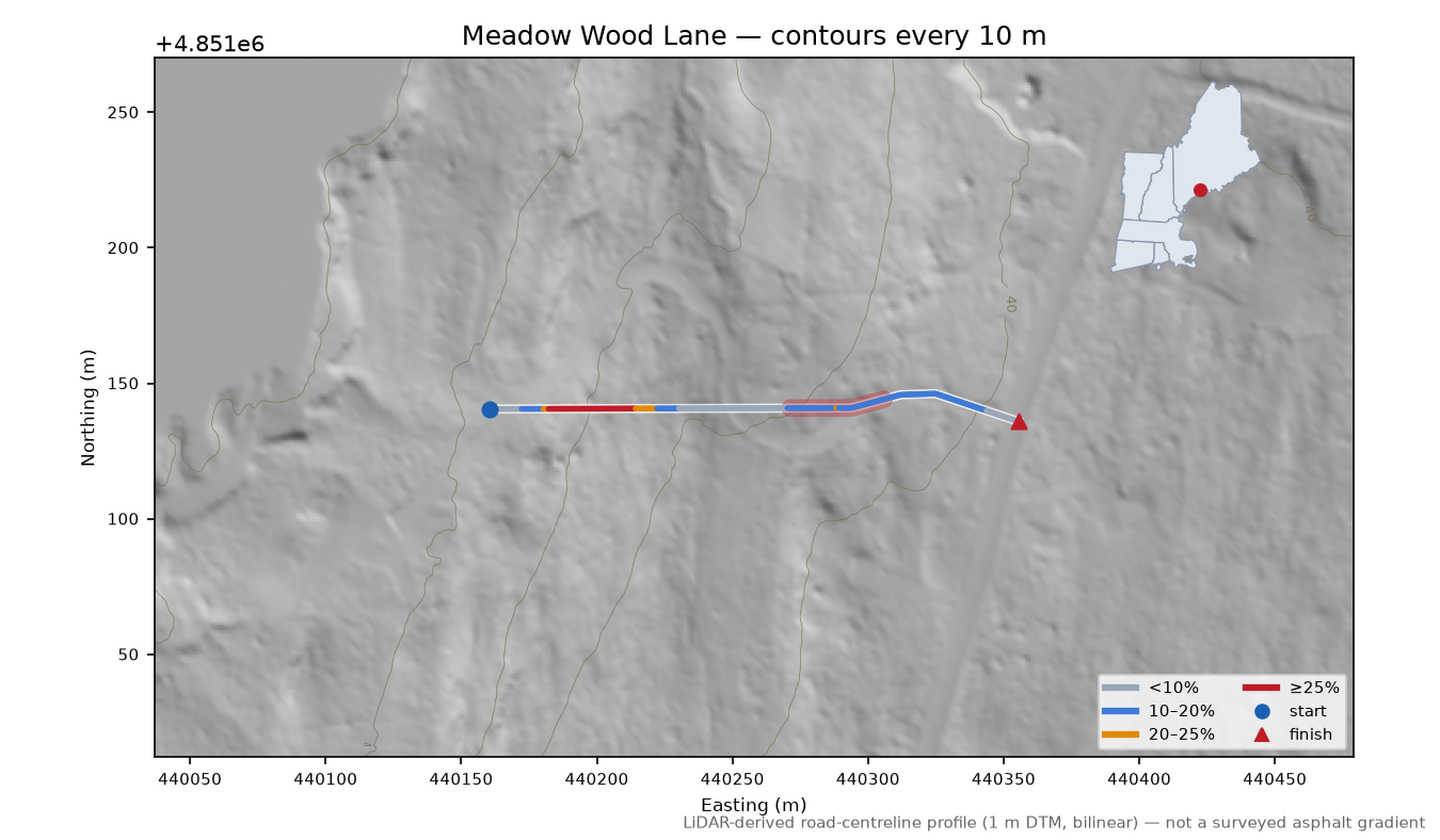 Meadow Wood Lane LiDAR hillshade map with contours
