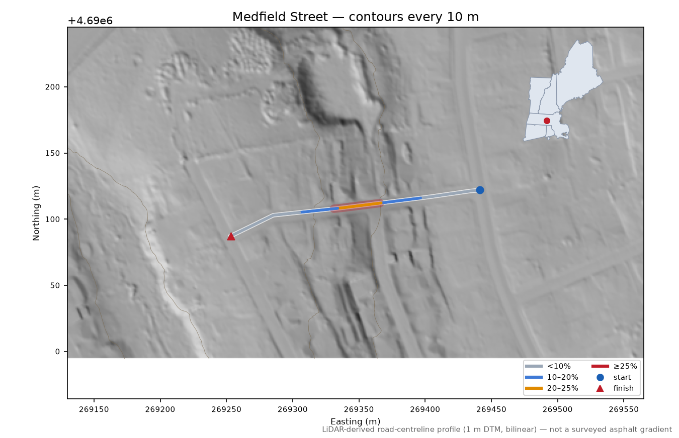 Medfield Street LiDAR hillshade map with contours