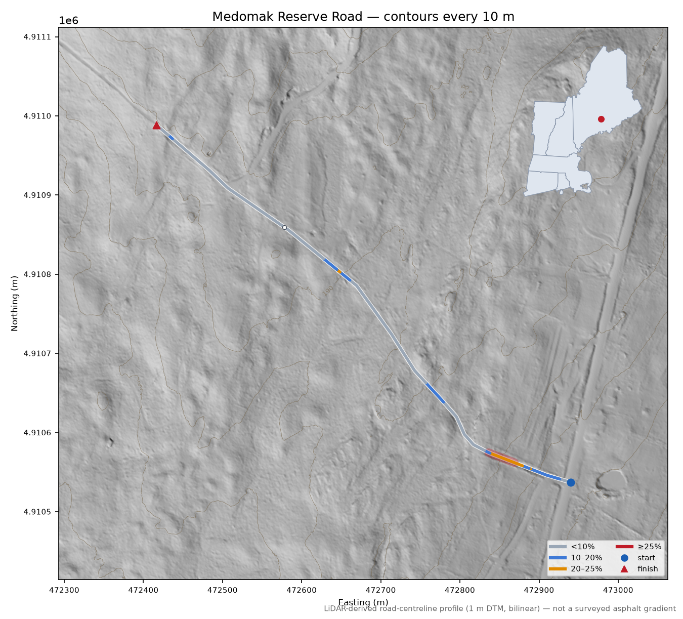 Medomak Reserve Road LiDAR hillshade map with contours